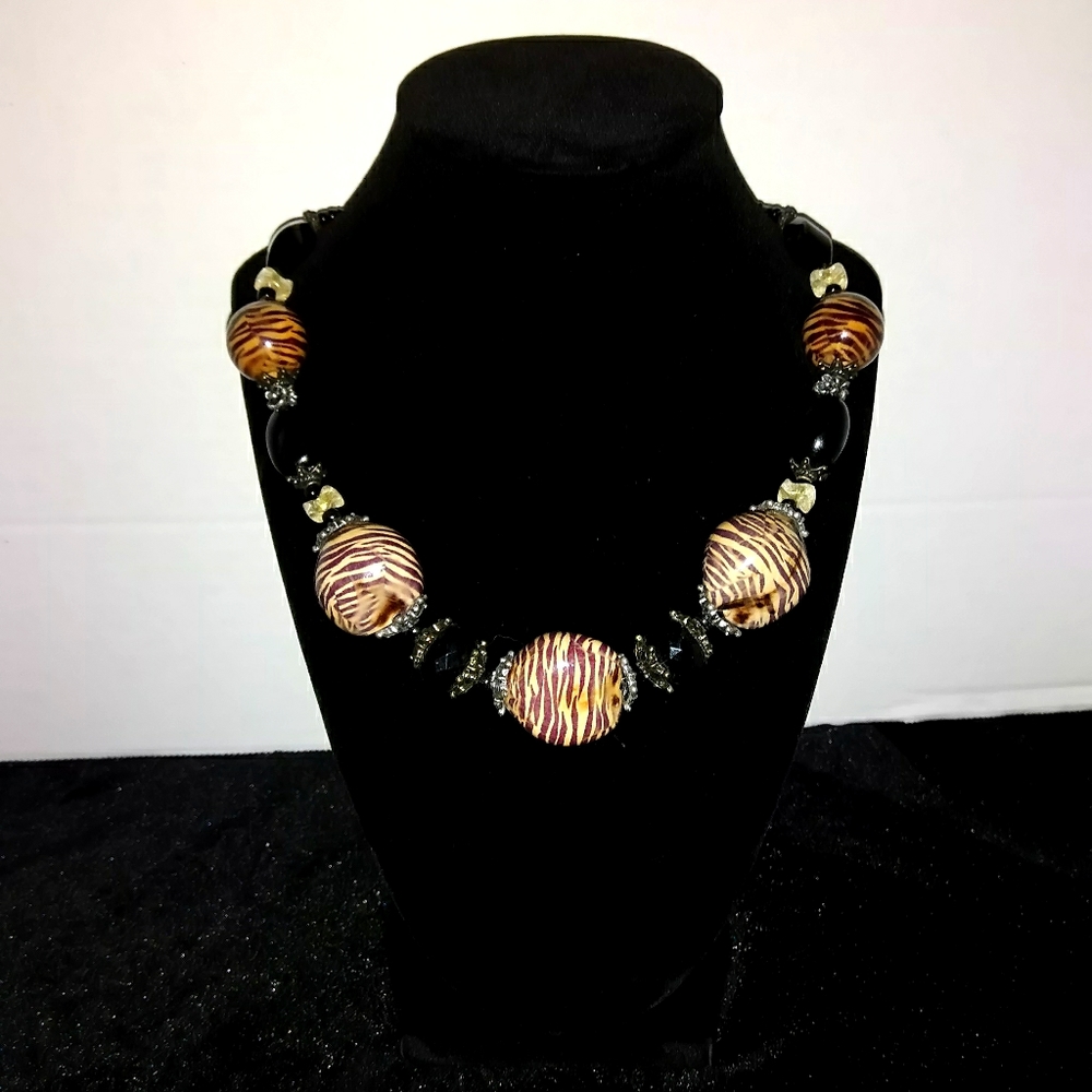 Black & Brown Animal Print Stripe Beaded Necklace